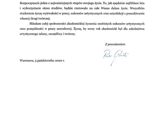 List prof. Piotra Glińskiego z okazji inauguracji roku akademickiego 2020/2021
