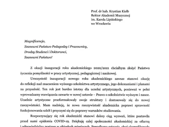 List prof. Piotra Glińskiego z okazji inauguracji roku akademickiego 2020/2021