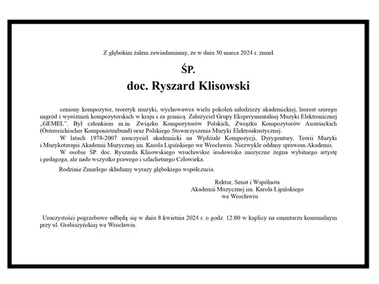 Odszedł ŚP. doc. Ryszard Klisowski