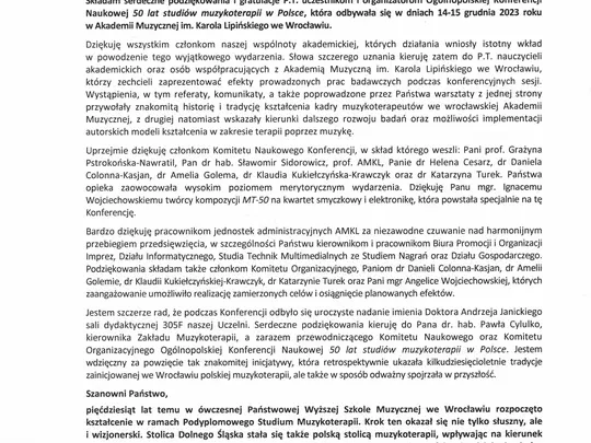 Og&oacute;lnopolska Konferencja Naukowa &bdquo;50 lat studi&oacute;w muzykoterapii w Polsce&rdquo;