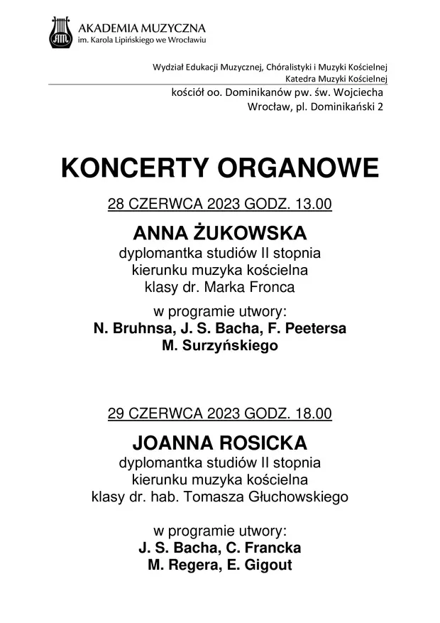 Koncerty Organowe Anny Żukowskiej i Joanny Rosickiej