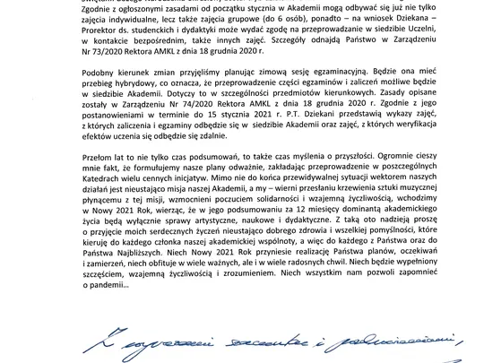 List JM Rektora do P.T. członk&oacute;w wsp&oacute;lnoty AMKL z dnia 7 stycznia 2021 r.