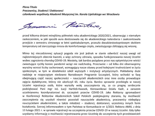 List JM Rektora do P.T. członk&oacute;w wsp&oacute;lnoty AMKL z dnia 24 lutego 2021 r.