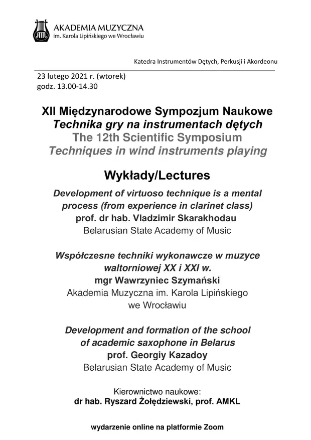 XII Międzynarodowe Sympozjum Naukowe Technika gry na instrumentach dętych