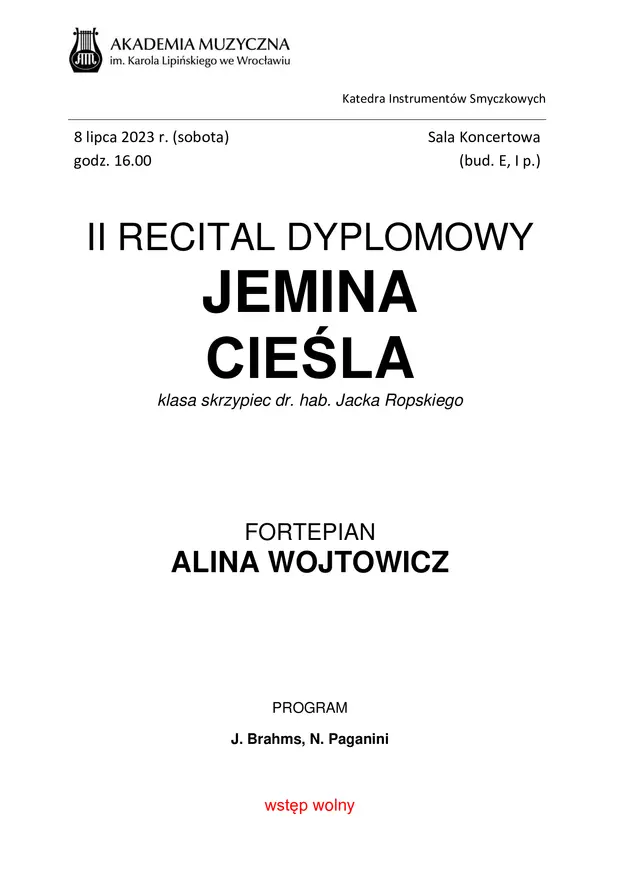 II Recital Dyplomowy Jeminy Cieśli