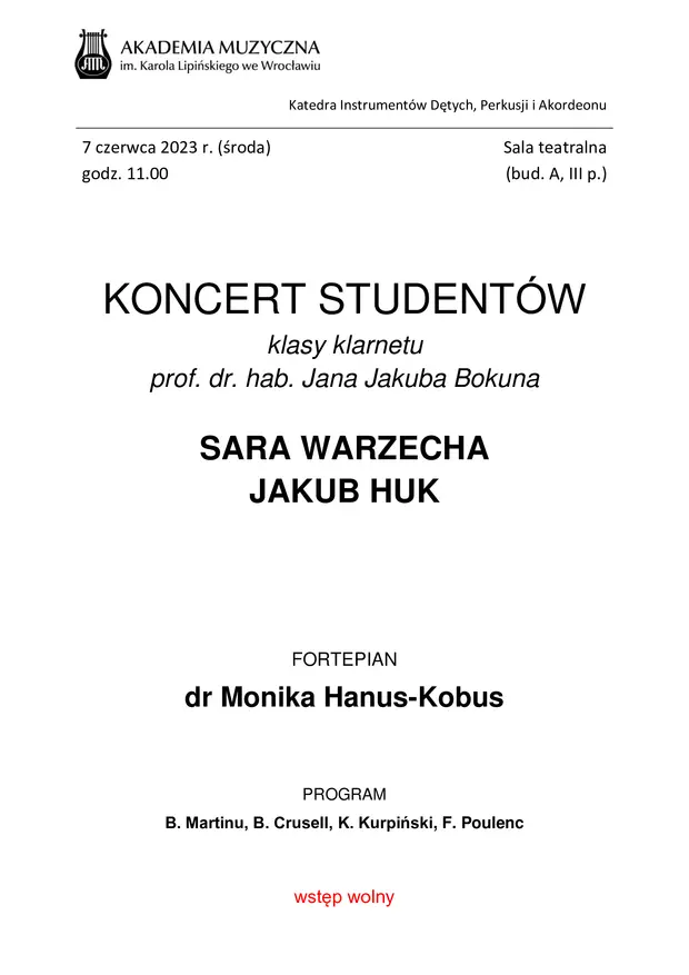 Koncert student&oacute;w klasy klarnetu prof. dra hab. Jana Jakuba Bokuna