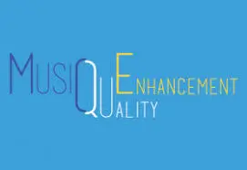 Logotyp Music Quality Enhacement na niebieskim tle