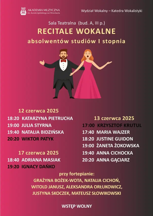 Recitale wokalne absolwent&oacute;w studi&oacute;w I stopnia