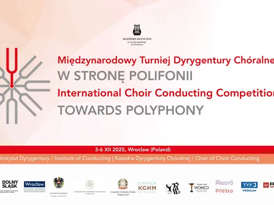 Plakat wydarzenia w kolorach czerwieni i pomarańczu z symboliczną rozetą stworzoną z kamertonów.