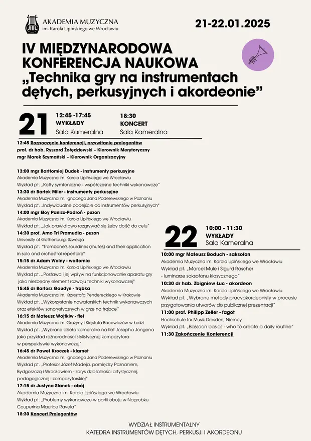 IV MIĘDZYNARODOWA KONFERENCJA NAUKOWA &bdquo;Technika gry na instrumentach dętych, perkusyjnych i akordeonie&rdquo;