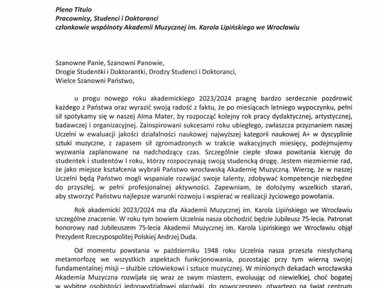 Słowo JM Rektora z okazji rozpoczęcia nowego Roku Akademickiego 2023/2024