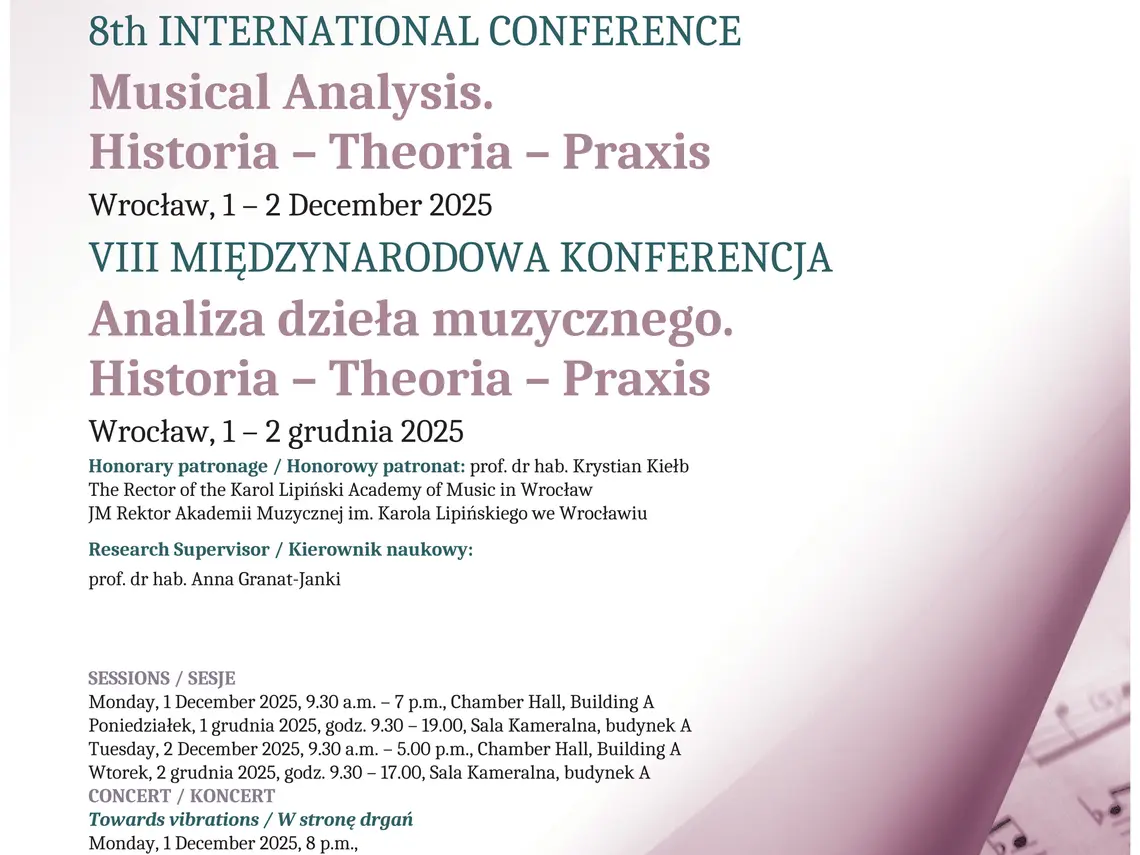 Różowo-biały plakat konferencji Analiza Dzieła Muzycznego "Historia-Theoria-Praxis"