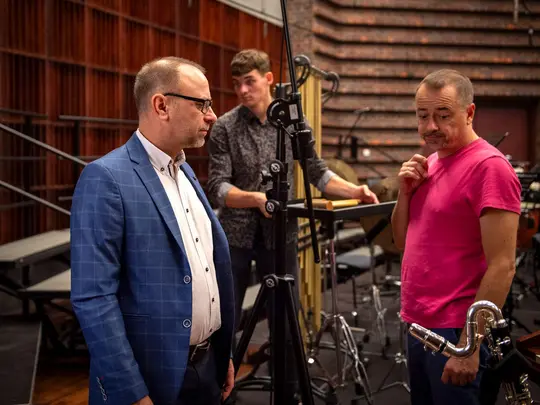 Preparations before the rehearsal, Dr. Przemysław Jarosz and Marek Gumienny