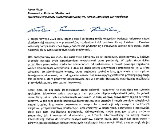 List JM Rektora do P.T. członk&oacute;w wsp&oacute;lnoty AMKL z dnia 7 stycznia 2021 r.