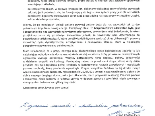 List JM Rektora prof. dra hab. Krystiana Kiełba do wsp&oacute;lnoty akademickiej z okazji rozpoczęcia roku akademickiego 2020/2021