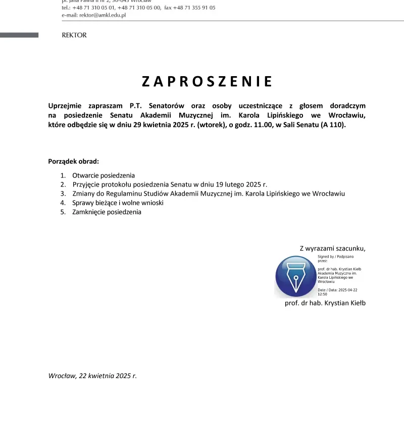 Zaproszenie do udziału w posiedzeniu Senatu