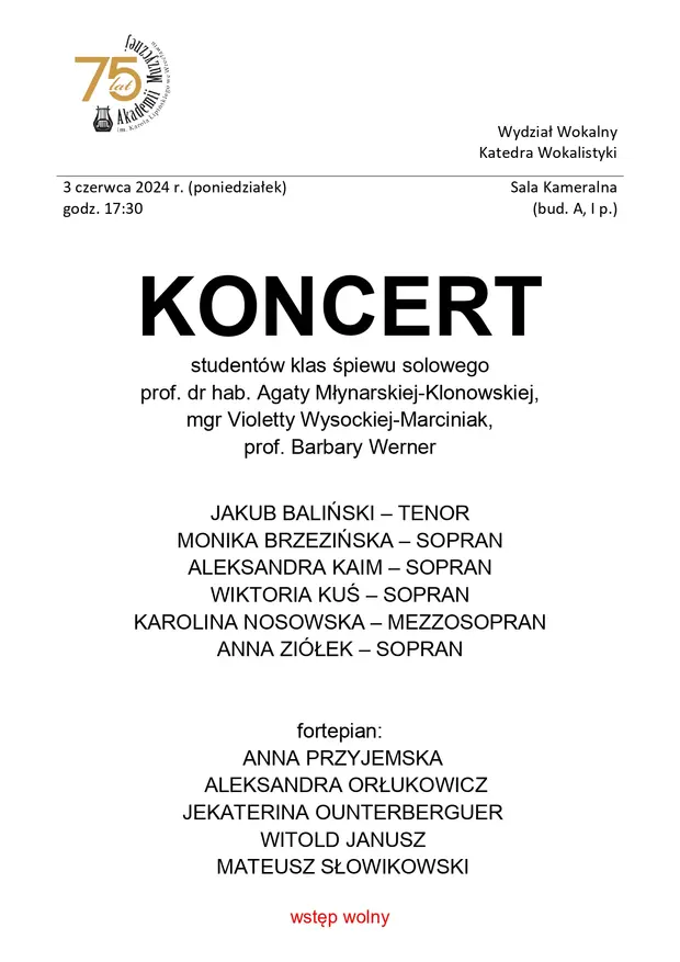Koncert student&oacute;w klasy śpiewu solowego