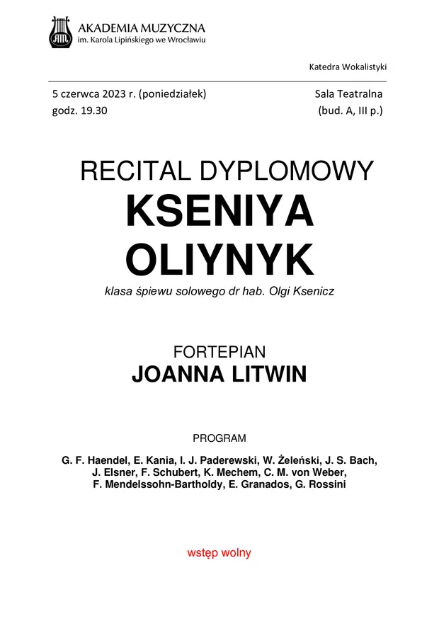 Recital Dyplomowy Kseniya Oliynyk