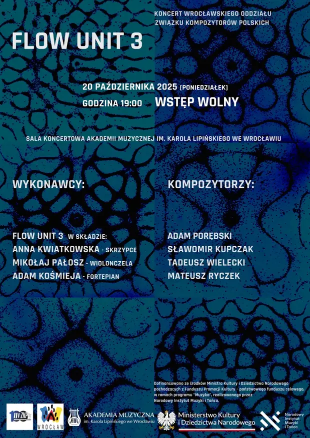 Niebiesko-zielony plakat Koncertu Związku  Kompozytor&oacute;w Polskich oddziału we Wrocławiu