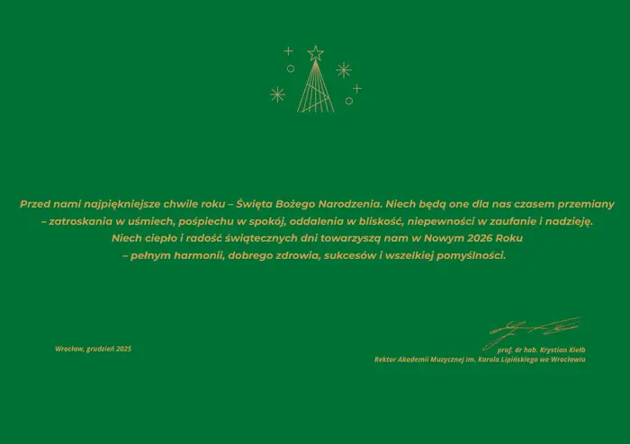 Zielona kartka z żółtym tekstem życzeń bożonarodzeniowych: Przed nami najpiękniejsze chwile roku – Święta Bożego Narodzenia. Niech będą one dla nas czasem przemiany – zatroskania w uśmiech, pośpiechu w spokój, oddalenia w bliskość, niepewności w zaufanie.