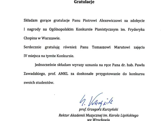 Piotr Alexewicz - student AMKL zwycięzcą 50. Og&oacute;lnopolskiego Konkursu Chopinowskiego!