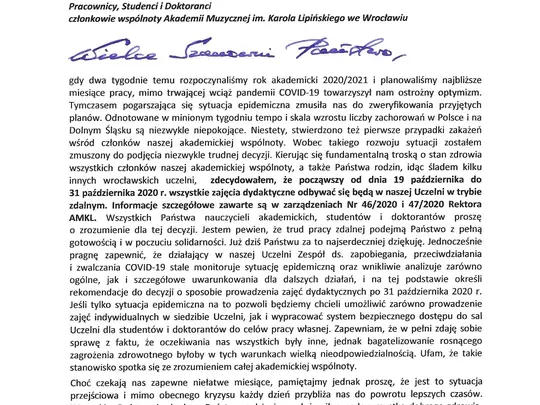 List JM Rektora do P.T. członk&oacute;w wsp&oacute;lnoty AMKL z dnia 15 października 2020 r.