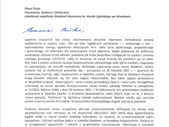 List JM Rektora do P.T. członk&oacute;w wsp&oacute;lnoty AMKL z dnia 27 kwietnia 2021 r.