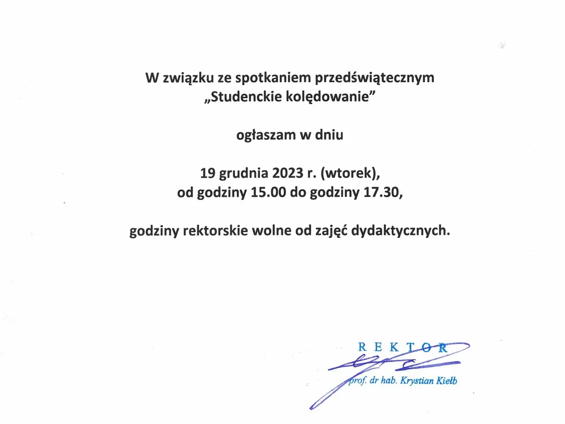 Godziny rektorskie w dniu 19.12.2023 r.