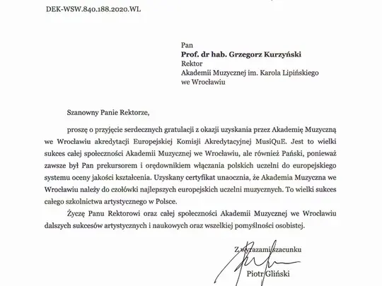 List gratulacyjny od Ministra Kultury i Dziedzictwa Narodowego dla Akademii Muzycznej im. K. Lipińskiego we Wrocławiu