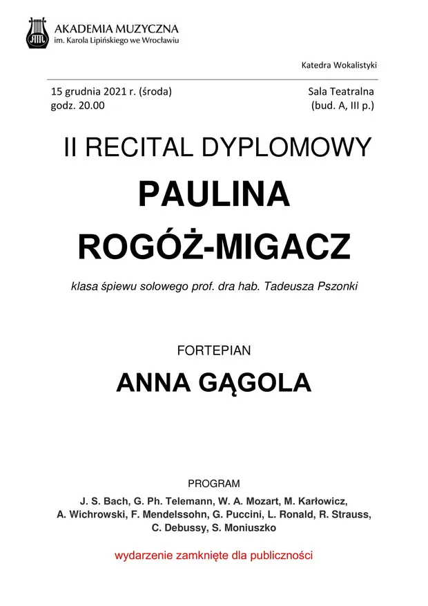 II Recital dyplomowy Pauliny Rog&oacute;ż-Migacz