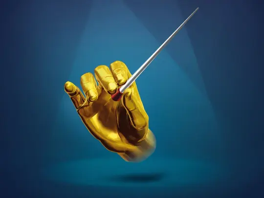 Złota dłoń trzymająca batutę na niebieskogranatowym tle. Na dole logotypy Prezydenta Miasta Wrocław, Związku Kompozytorów Polskich, Radia Wrocław, Radia RAM i TVP3 Wrocław