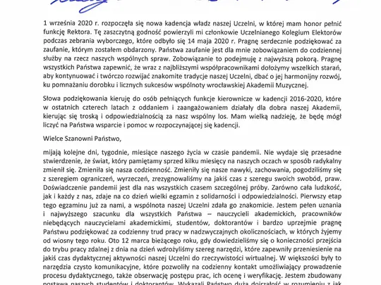 List JM Rektora prof. dra hab. Krystiana Kiełba do społeczności akademickiej