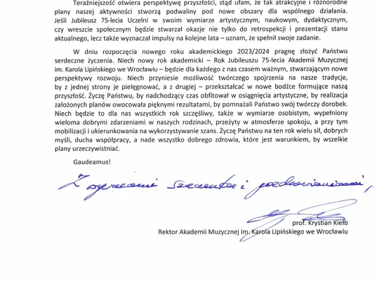 Słowo JM Rektora z okazji rozpoczęcia nowego Roku Akademickiego 2023/2024