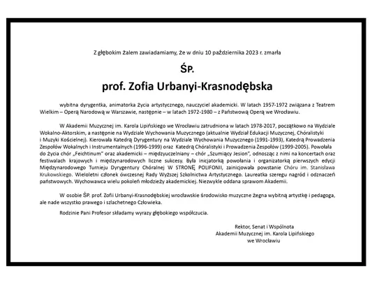 Odeszła ŚP. prof. Zofia Urbanyi-Krasnodębska