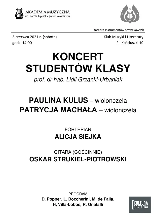 Koncert student&oacute;w klasy prof. dr hab Lidii Grzanki-Urbaniak