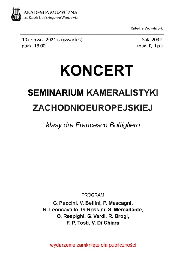 Koncert klasy dra Francesco Bottigliero - Seminarium kameralistyki zachodnioeuropejskiej