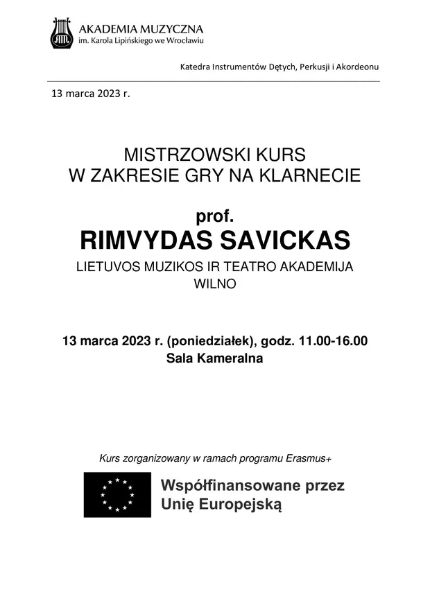 Mistrzowski kurs klarnetowy prof. Rimvydas Savickas