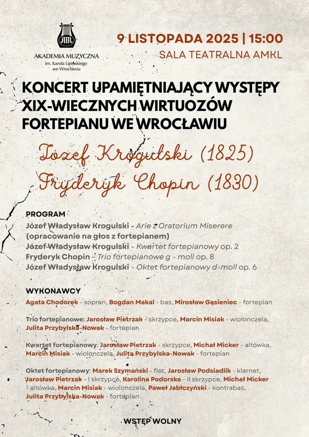 Plakat koncertu w odcieniach szarości i czerwieni